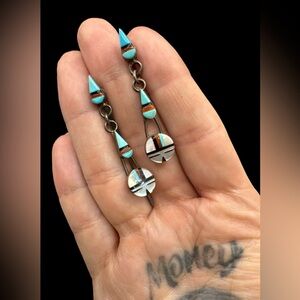 Vintage Sterling Silver Native American Zuni Pierced Earrings 1.75”